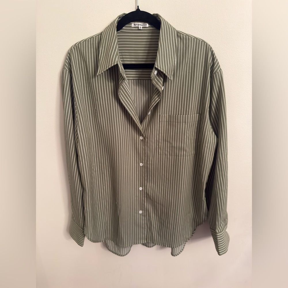 Reformation Olive Green Pinstripe Button-Down Shirt